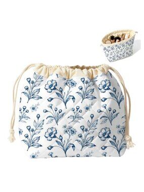 Quilted Polyester Drawstring Makeup Bag Cosmetic Pouch Travel Toiletry Organizer